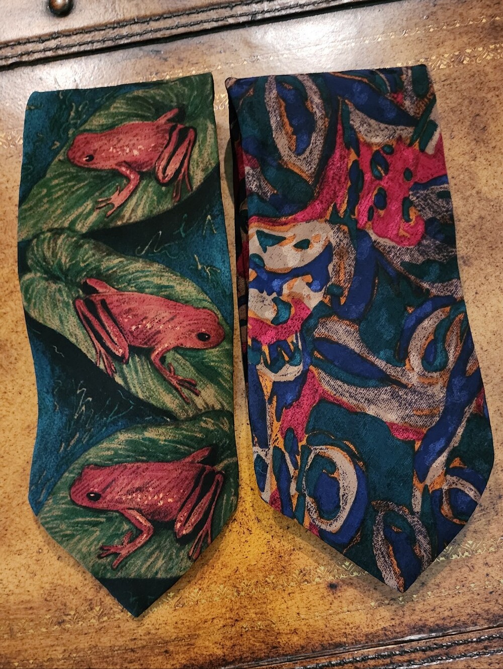 2pc Vintage Silk Novelty Tie Lot WWF Frogs Monterey County Wearhouse Art Necktie